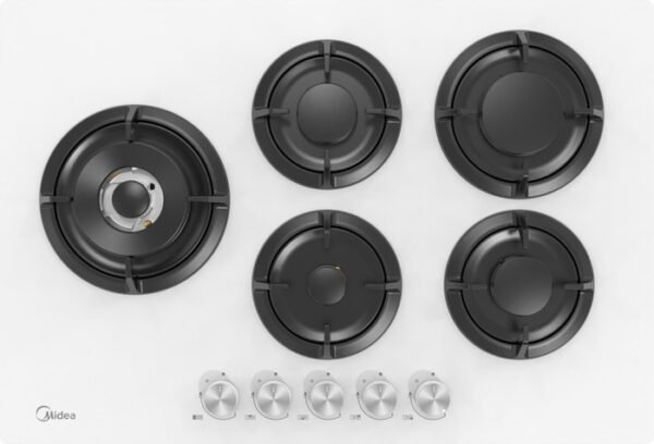 ⁦כיריים גז זכוכית 5 להבות - 75 ס״מ Midea מידאה Defendi 75GP503-W זכוכית לבנה⁩ – תמונה ⁦1⁩