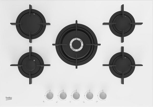 ⁦כיריים גז זכוכית 5 להבות Beko בקו HILW 75222 SW זכוכית לבנה⁩ – תמונה ⁦1⁩