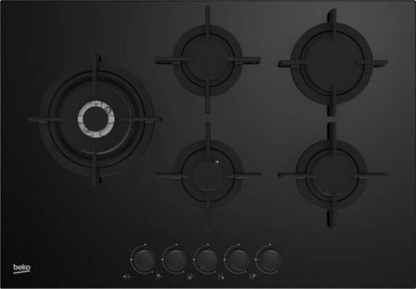 ⁦כיריים גז - 5 להבות Beko בקו HILL75222S זכוכית שחורה להבה צדדית⁩ – תמונה ⁦1⁩