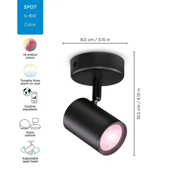 ⁦smart Spots 1x5W BW 22-65K RGB גוף תאורה חכם עם ראש ספוט מתכוונן צבעוני מבית WIZ⁩ – תמונה ⁦2⁩