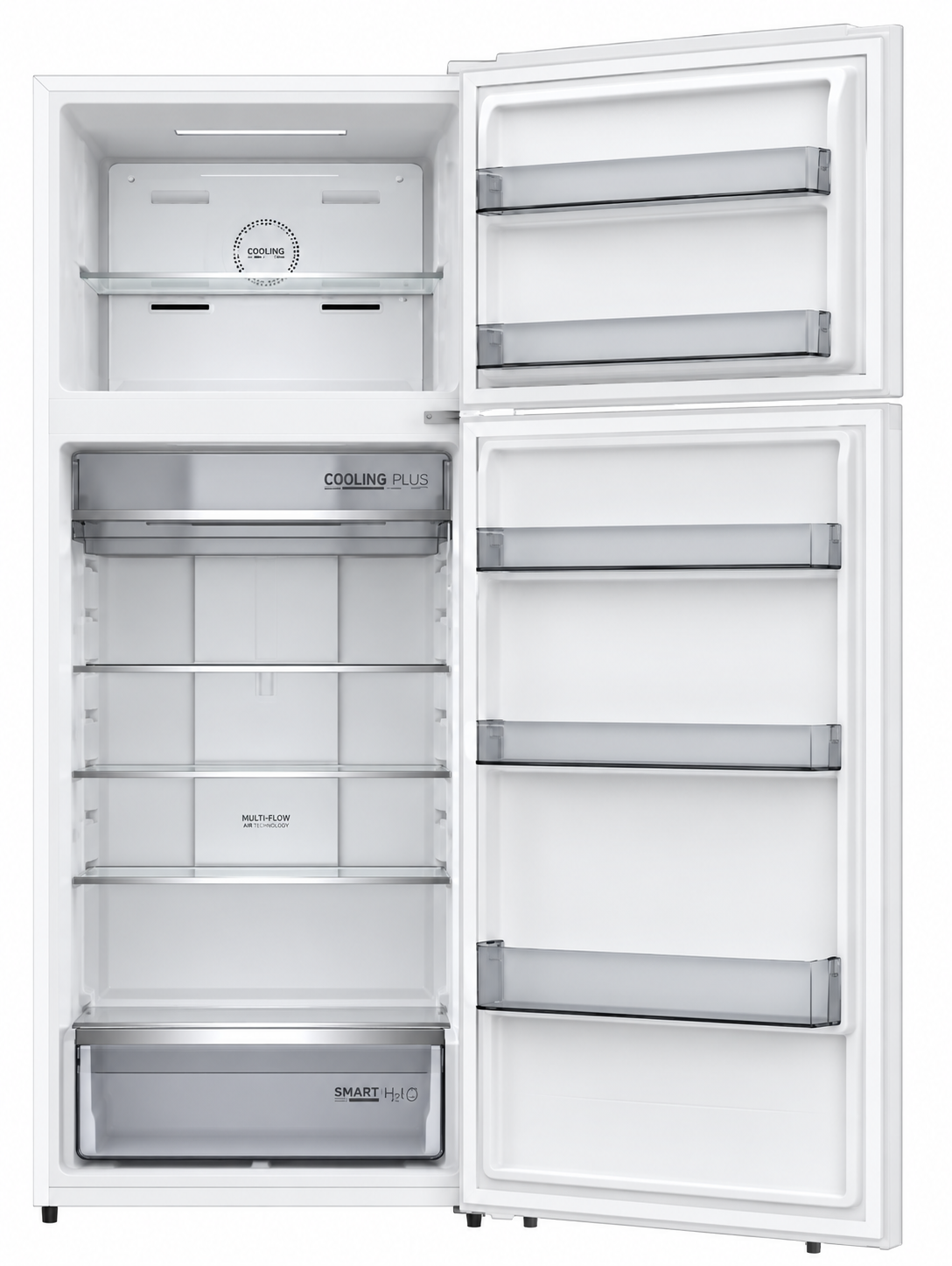 מקרר Fujicom FJ-NF570WE לבן 404 ליטר – מבט פנימי עם דלתות פתוחות